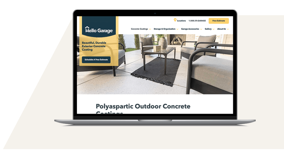 HelloGarage-Concrete-Laptop-Angle Hello Garage Concrete Coating web page on laptop